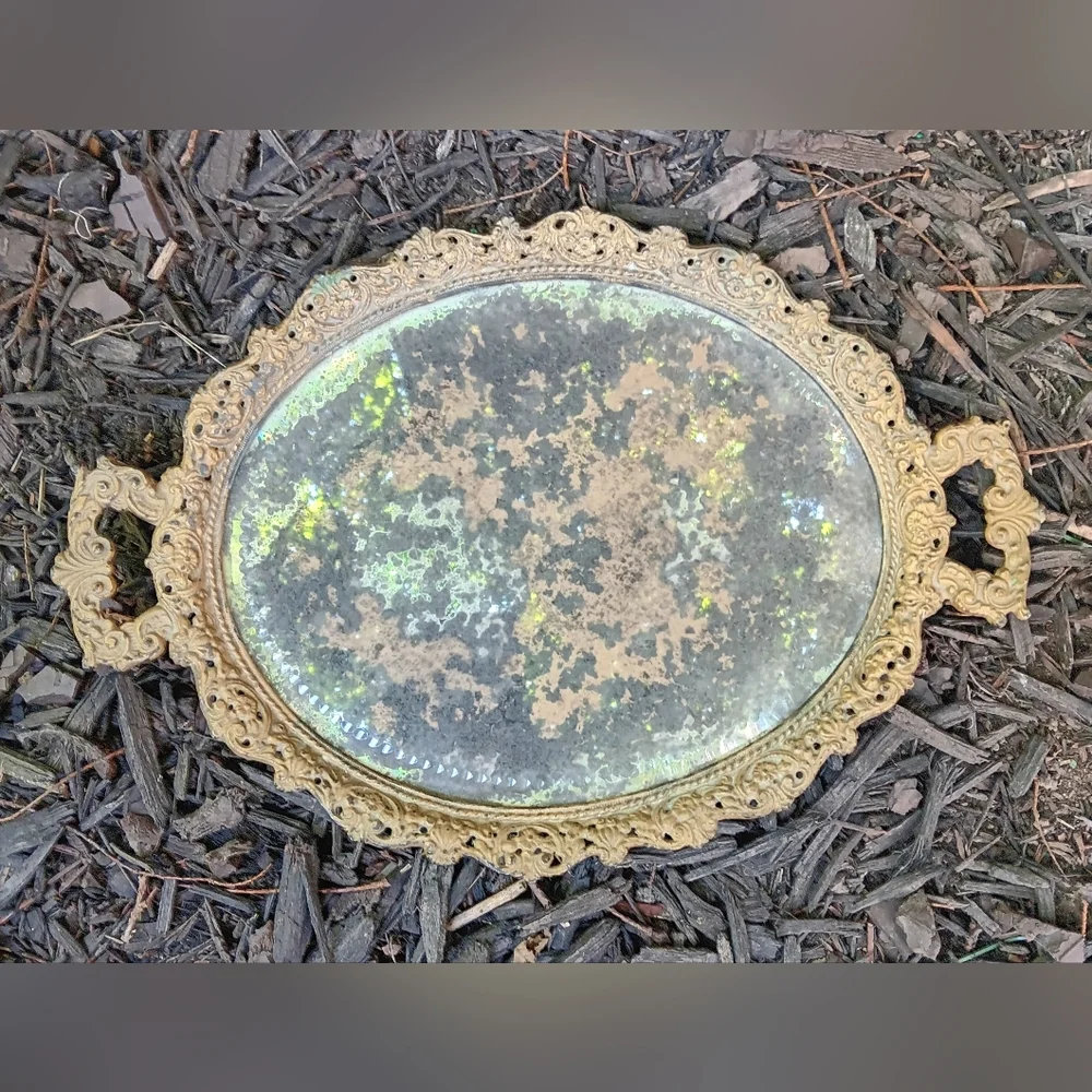 Antique Brass Patinated Vanity Mirror Tray 🪞12